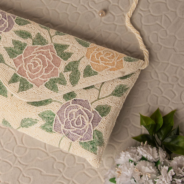 Offwhite Moti Embossed Flower Flap Clutch