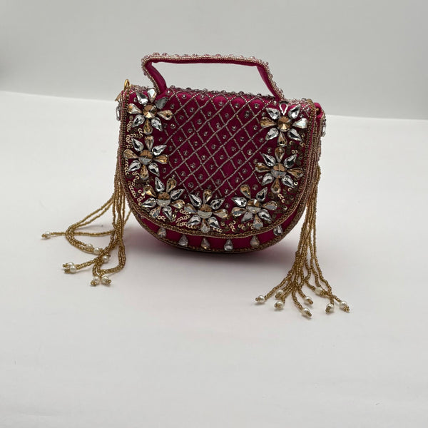 Rani Red Fold Over Clutch With Pearl Work