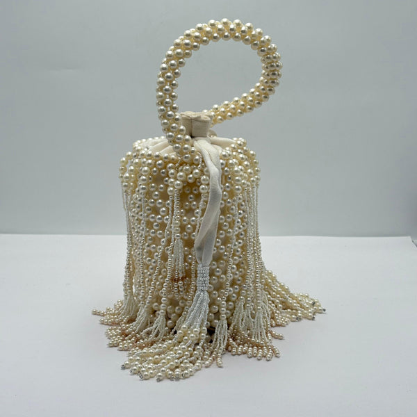 White Bucket Bag with Pearl Work