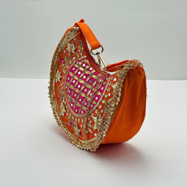 Orange Half-Moon Bag with Gota work