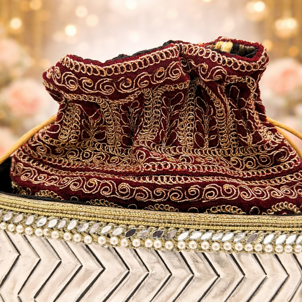 Metal Bag with Detachable Potli with Kundan & Jardoji Work