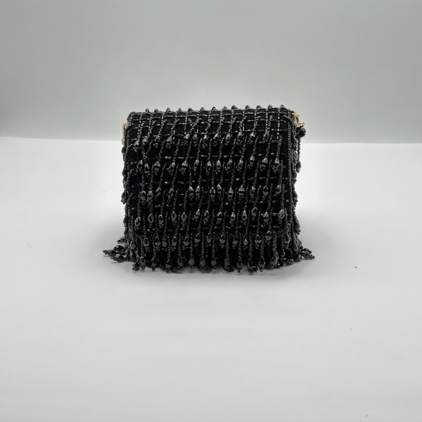 Shining Black Fold Over Clutch With Pearl