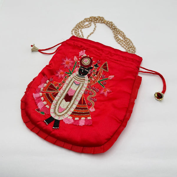 Red Bucket Bag with Handcrafted Shreenath Ji