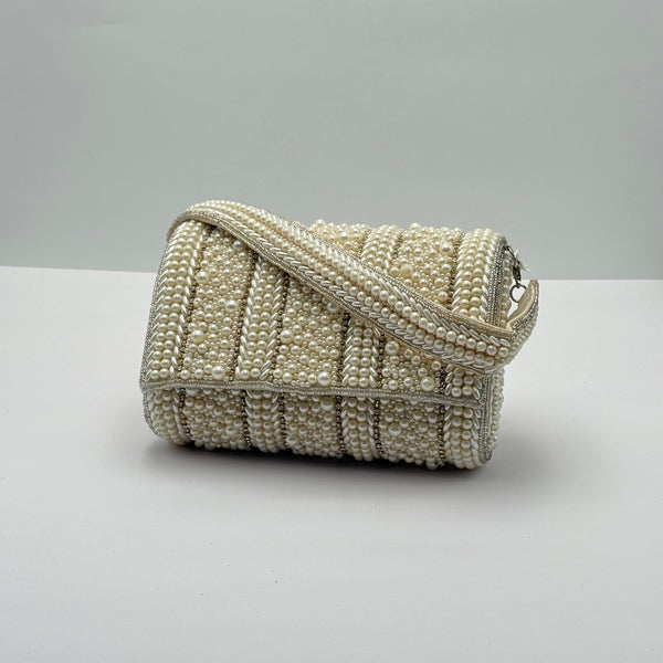 White Fold Over Clutch With Pearl Work