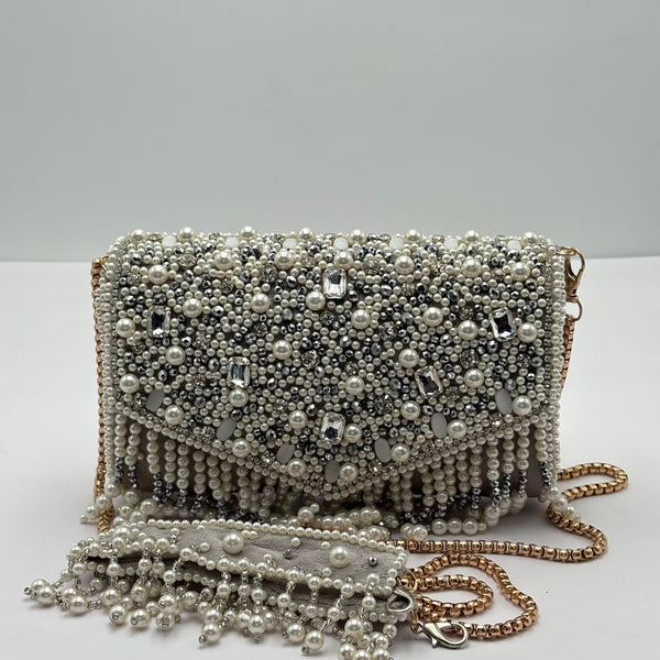 Grey Fold Over Clutch With Pearl Work