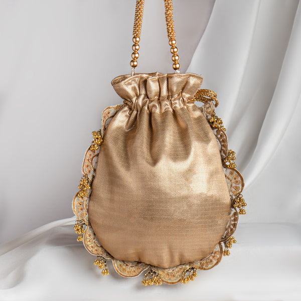 Rose Gold Tissue Silk Metal Peacock Gota Hand Embroidry Work Potli Bag